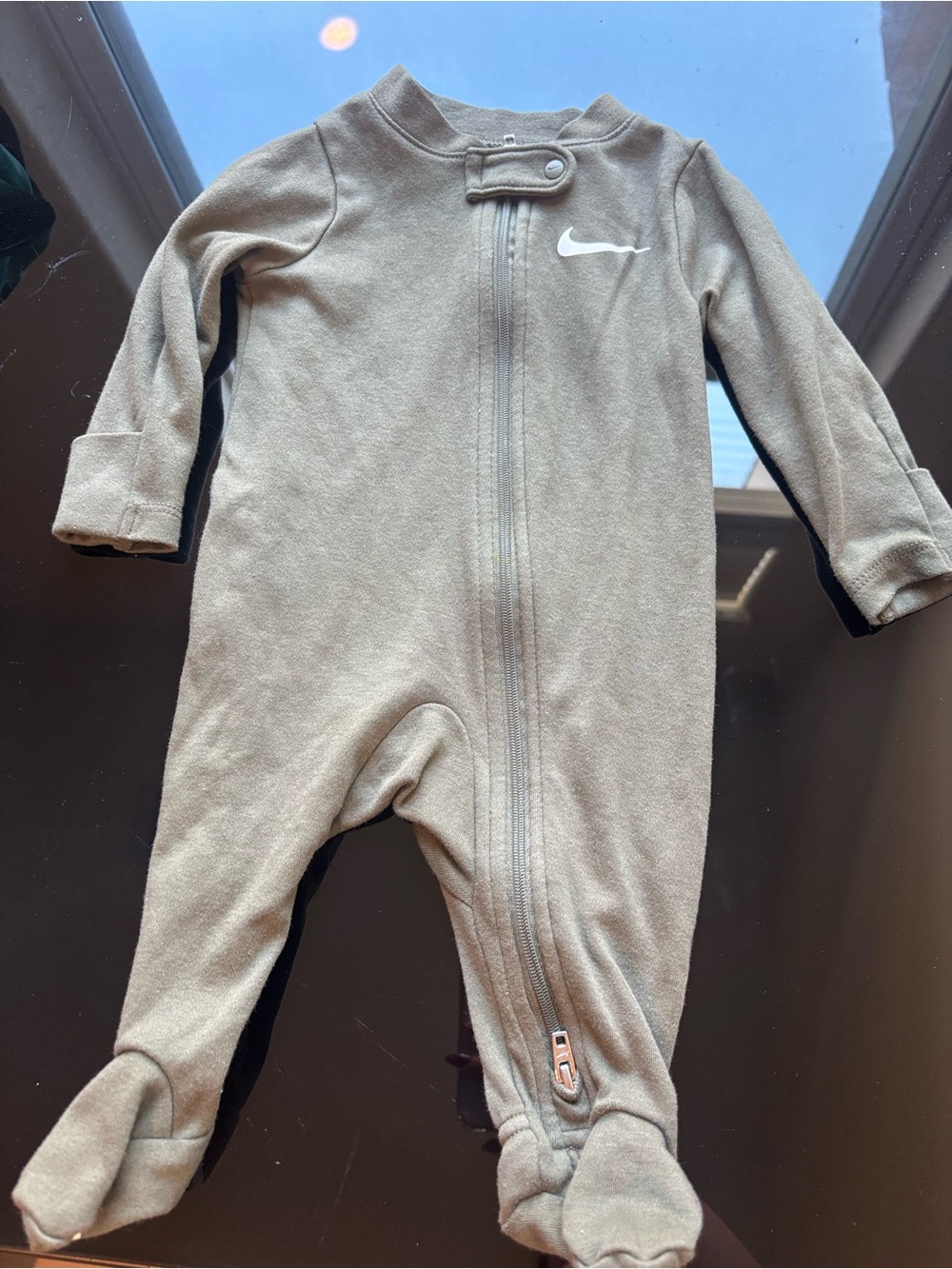 Nike Toddler Footed One-Piece in Taupe with White Swoosh